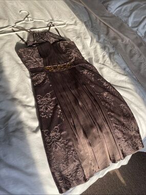 Chocolate Brown Lace-Accent Pleated Cocktail Dress
